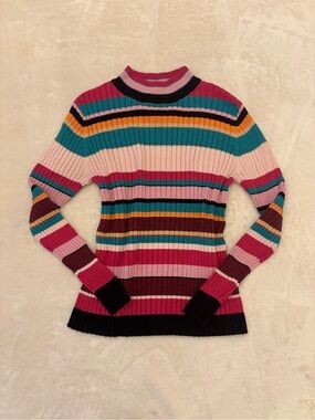 Studio Works Striped Rib-Knit Turtleneck Sweater in Pink, Teal & Burgundy